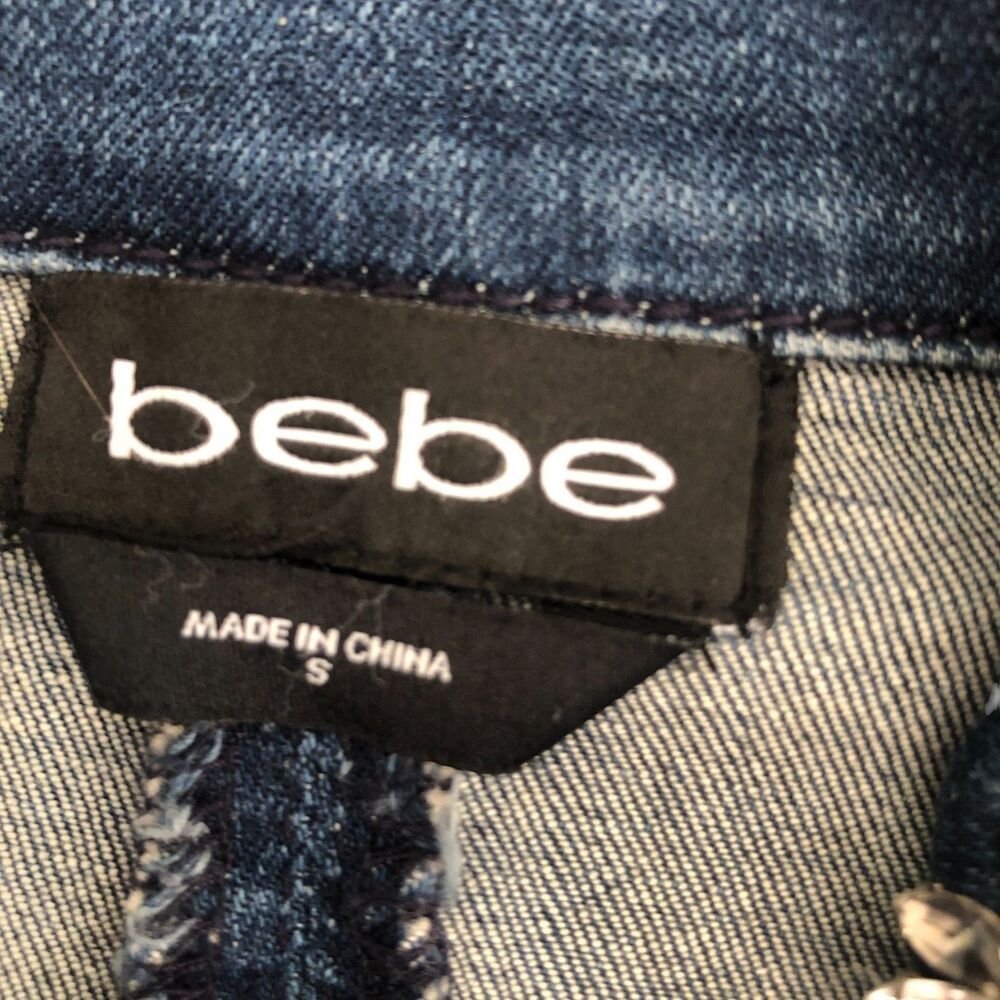 Bebe Rhinestone Embellished Stretchy Retro Y2K Denim‎ Moto Jacket Size S - Picture 12 of 14